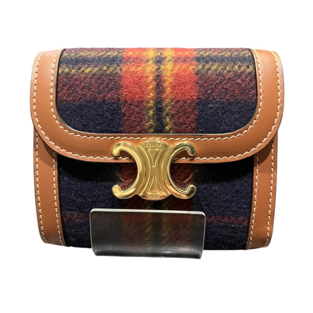 Celine Triomphe Small Flap Wallet, Tartan Check, Tri-fold Wool Leather, 10D78...